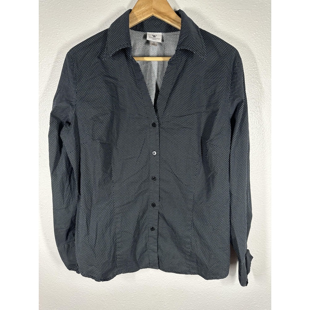 Worthington Shirt Womens 16 Black Polka Dot Button Front Long‎ Sleeve Stretch